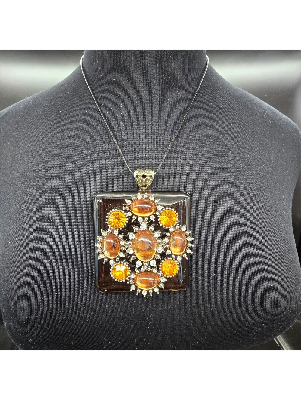 Vintage Artisan Fused Glass Amber Statement Pendant Necklace Huge Ornate